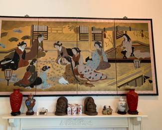 Painted Panels, gilded.  Cinnabar type vases, Cloisenne' ginger jars, Buddha bookend, Netskes, Mud men 