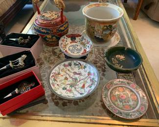 Asian dishes, Imari pot, lacquer wedding basket