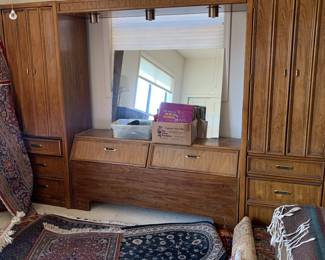 Large cabinet, queen bed headboard and mirror