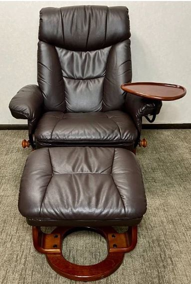 Benchmaster Leather Recliner with Attached Side Table plus Ottoman