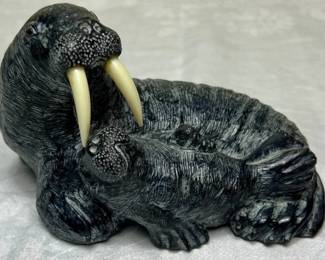 Vintage Walrus and Calf Hand Carved Soapstone Sculpture Wolf Original