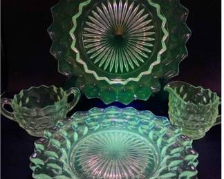 Fostoria American Cube Uranium Glass Set - 3 Plates and Cream & Sugar