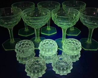 Fostoria American Cube Uranium Glass Set - 7 Glasses and 8 Salt Cellar