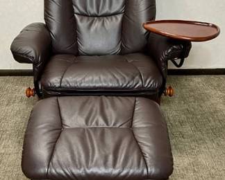 Benchmaster Leather Recliner with Attached Side Table plus Ottoman