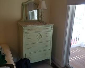 Painted green dresser with mirror; dresser has a mosaic top