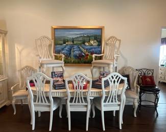 White dining table with 6 chairs, by Stanley. Measures 58", plus there are two 19" leaves for a total length of 77". 
