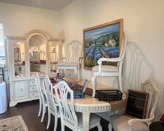 White dining table with 6 chairs, white china cabinet by Stanley