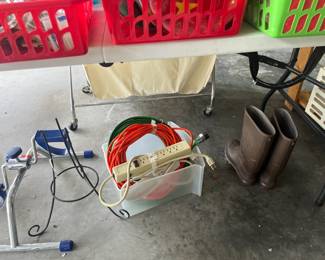 Electric extension cords and power strips, rubber boots, seated exercise peddler