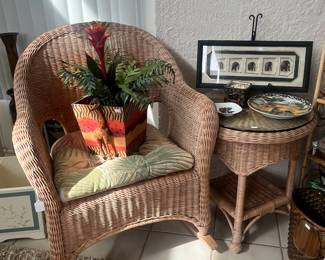 Wicker chair, glass top side table (1 of 2)