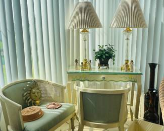 Hand painted desk, two barrel chairs