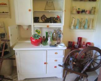 Hoosier cabinet - collection of pottery vases