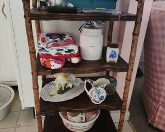 Bamboo shelf and assorted collectibles 