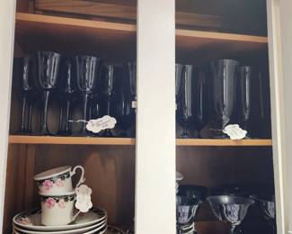 Black stemware, vintage Mikasa 
Black and pink dinnerware set for four. 