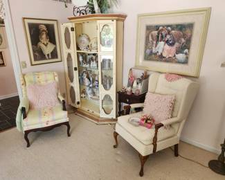 Mcm china cabinet, wing back chairs, decor