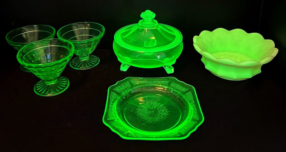  001 Uranium Glassware Sherbet Glasses, Lidded Candy Dish, Plate,  Custard Glass Bowl