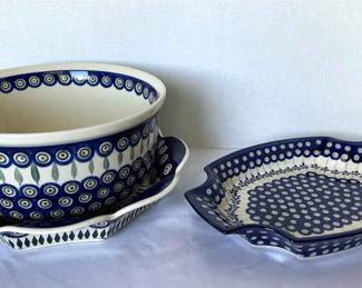 Boleslawiec Polish Pottery Dishes in Peacock Pattern