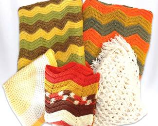  008 1970s Autumn Crocheted Afghan Blankets, Shawl, Placemats
