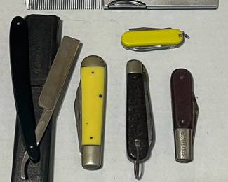 4 Pocket Knives, Straight Razor And Comb