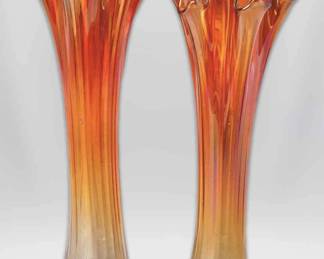  004 Pair Of Marigold Orange Carnival Glass Swung Vases