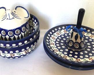 Boleslawiec Plates, Bowls, Mouse Coin Bank, Bell in Peacock Pattern
