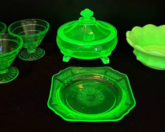  001 Uranium Glassware Sherbet Glasses, Lidded Candy Dish, Plate,  Custard Glass Bowl