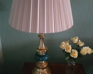 Two Vintage Westwood Brass & Glass Table Lamps With Pleated Shade - Bottle Green