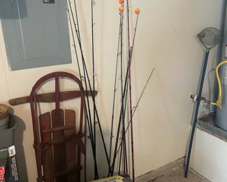 Fishing poles, sled, camping stove