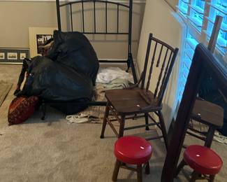 Single bed frame, chair, stool, mirror, bedding