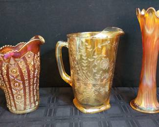 Set 3 of Marigold Carnival Glass Pitchers  Vase