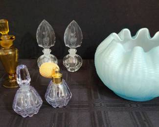 Set5 of Glass Perfume Bottles  Blue Glass Rose Bowl
