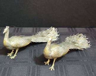 Pair 2 Of Metal Peacocks 