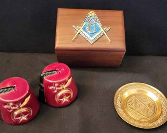 Masonic Brass Dish , Card File Box And Salt And Pepper Shaker