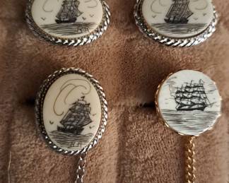 Scrimshaw Cuff Link And Tie Tacks