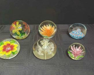 Set 6 Glass Paperweight Collectibles 