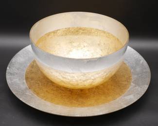 1990s Vintage Italian Gold & Silverleaf Finish Centerpiece Glass Set