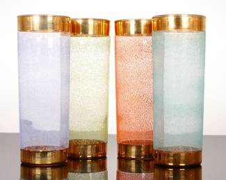 1960s MCM Frosted Colored Drinking Glasses with Gold Rim