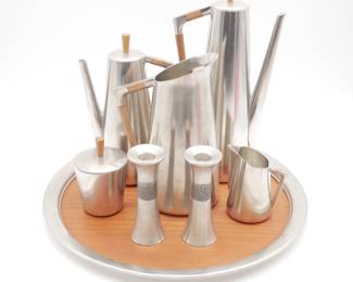 Pewter and Teak Coffee/Tea Set Service by Royal Holland