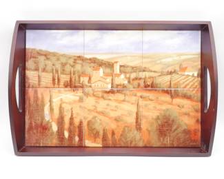 Tuscana Tiles Brown Walnut Wood Serving Tray with Decorative Tiles