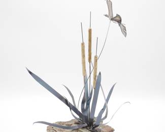 Copper Cattails on Serpentine Base Art Sculpture by Gabris