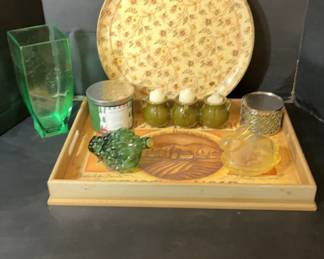 Green Glass Grapes, Depression Glass Rabbit Candy Dish, Candles, and Decor