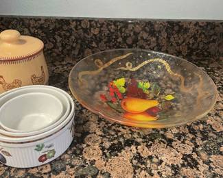 HandPainted Clear Glass Fruit Bowl, Fruit Casserole Dishes. and Pottery Chicken Cookie Jar