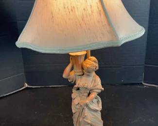 Vintage Plaster Figurine Lamp with Cloth Shade 