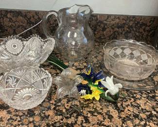 Vintage Glass Flower Bouquet, Vintage Cut Saw Tooth Bowl, Vintage Glass Bud Vase, More