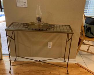 Brass Entry Table with Matching Tray and Hurricane Oil Lamp