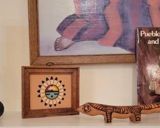  Wood Lizard Sculpture, Sand Art & Peblo Story Teller