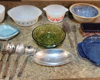 Misc. Serving Pieces to Include Vintage Pyrex Colonial Mist, Snowflake, and Friendship Bowls