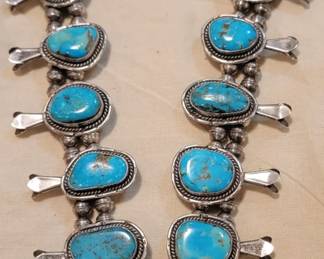 Vintage Native American Navajo Sterling Silver & Turquoise Squash Blossom Necklace