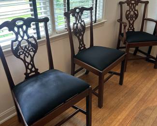 Baker Chippendale mahogany dining room chairs set of 6 with modern black upholstery