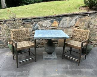 Vintage neoclassical style zinc indoor/outdoor pedestal table and Palecek chairs