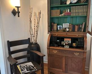 Antique secretary and oversized early vintage Stickley Mission Oak arm chair